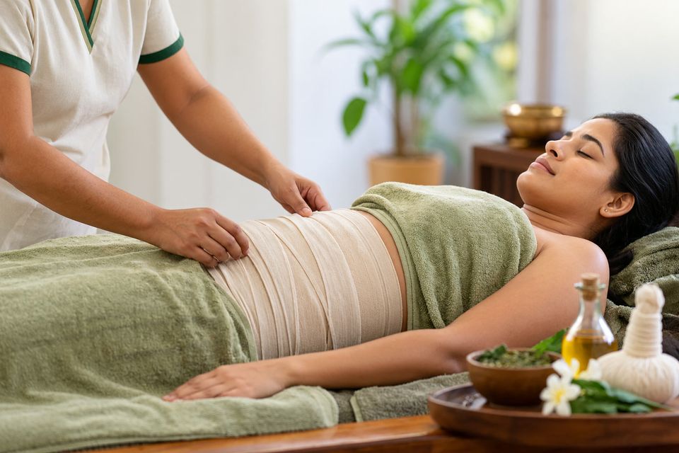 An Ayurvedic Therapy practitioner applying a supportive cotton belly binding treatment