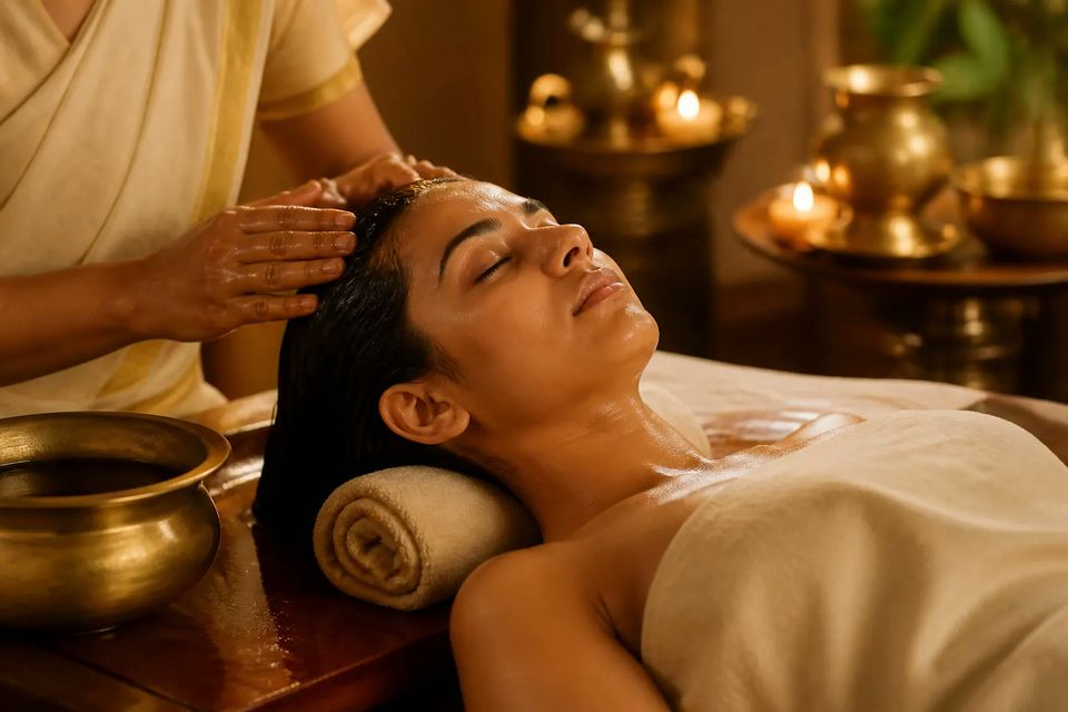 Ayurvedic practitioner massaging a woman's forehead and scalp