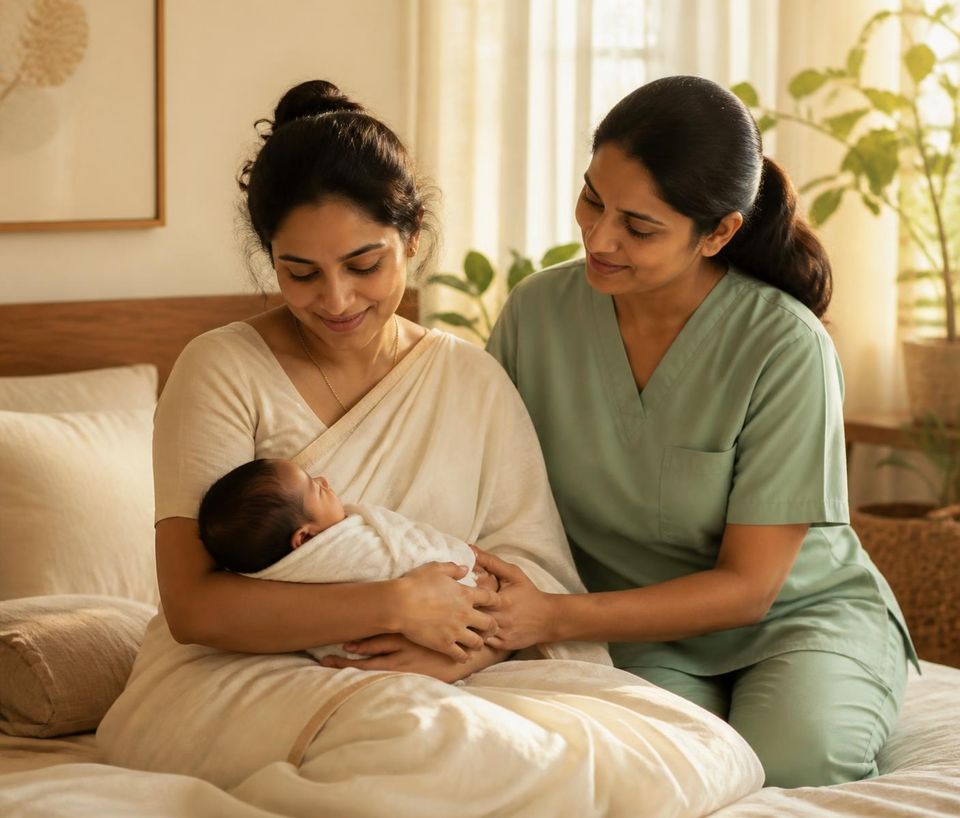A home caregiver gently supporting a new mother holding her newborn baby