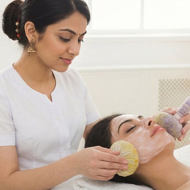 A woman receiving a rice-based Ayurvedic facial treatment