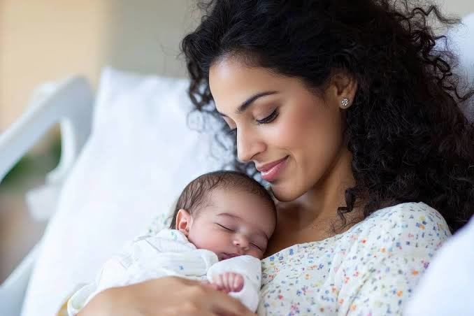 A new mother resting in bed while holding her sleeping newborn baby