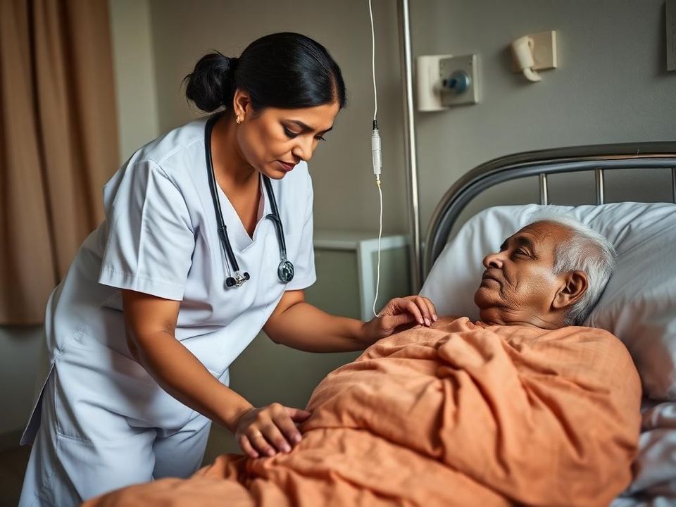 A nurse attending to a bedridden elderly patient with an IV line
