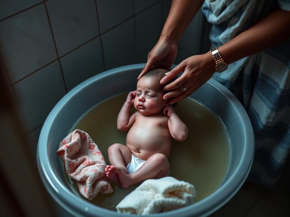 A caregiver carefully bathing a newborn in a small tub of warm water