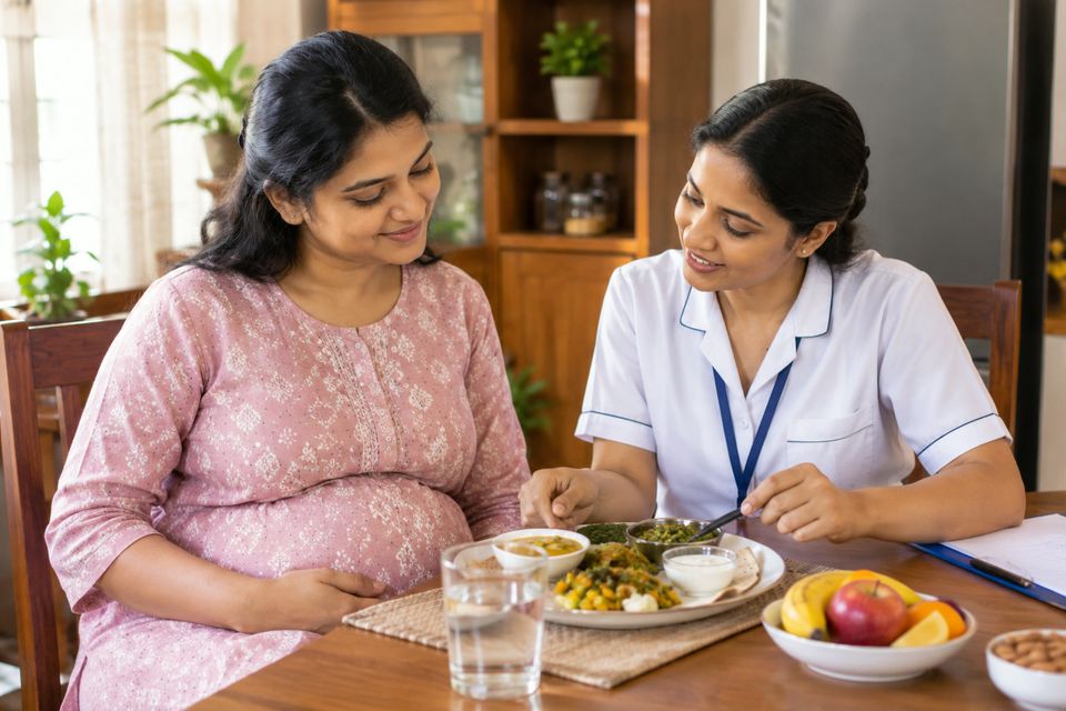 A caregiver and expectant mother reviewing a healthy pregnancy meal together at a table