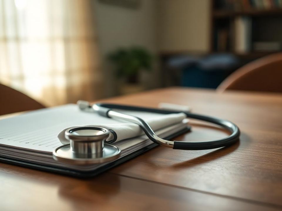 A stethoscope and care notes resting on a table in a calm home