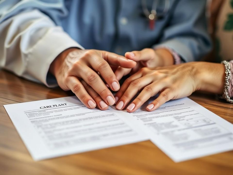 A caregiver's and family member's hands together over a written care plan