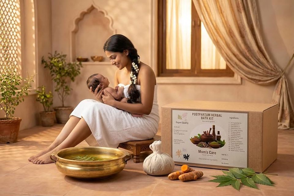 Mother with her baby beside a prepared traditional herbal bath
